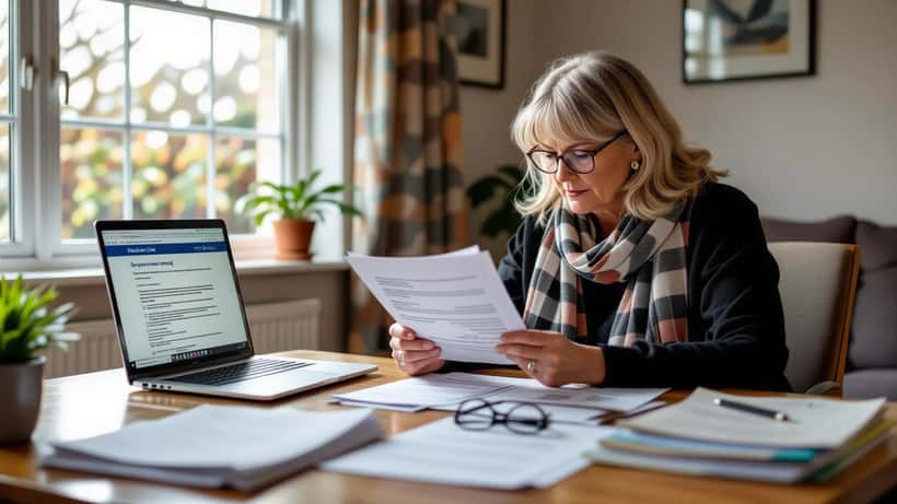 Woman reviewing DWP fraud investigation letter beside Universal Credit laptop portal, UK 2026