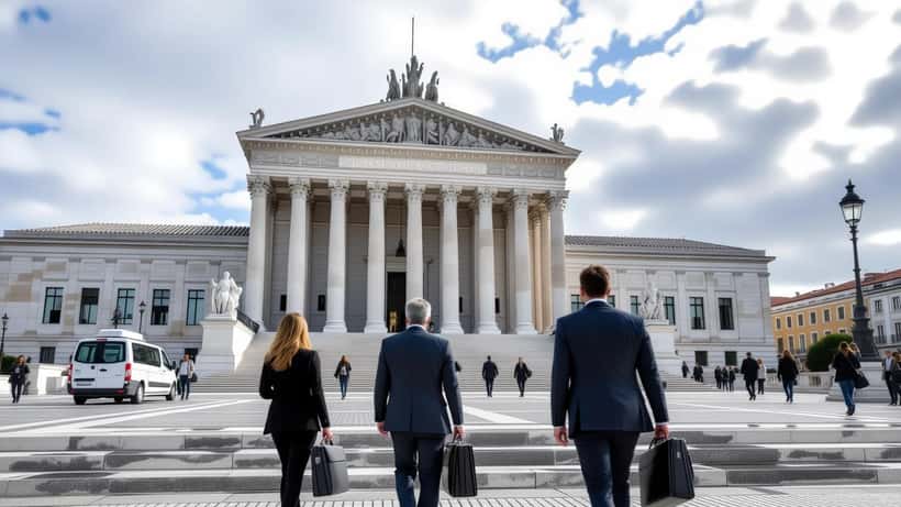 Exterior de tribunal em Lisboa com advogados e jornalistas à entrada