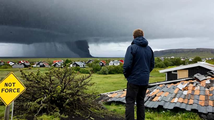 Íslenskt heimili með þakskemmdir og storm í bakgrunni