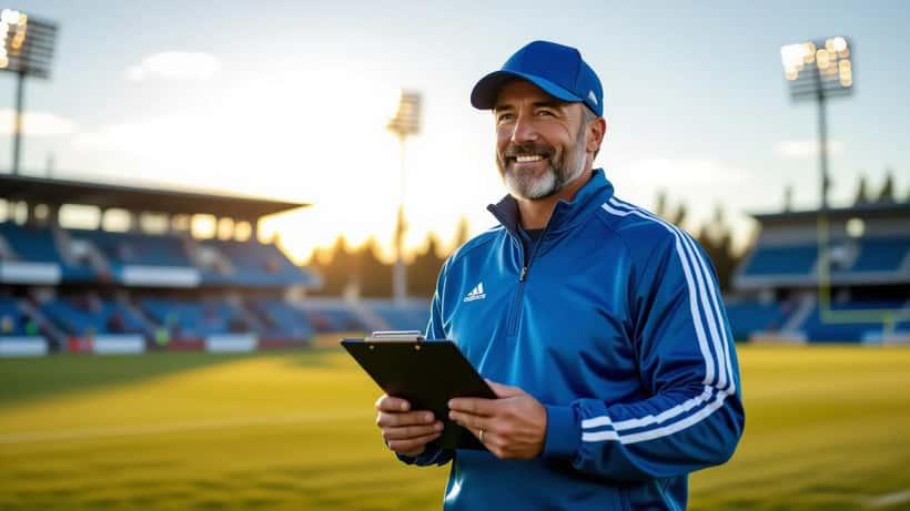 Optimistic football coach on a sunny pitch holding a clipboard, editorial hero image for Ted Lasso Season 4 expert predictions