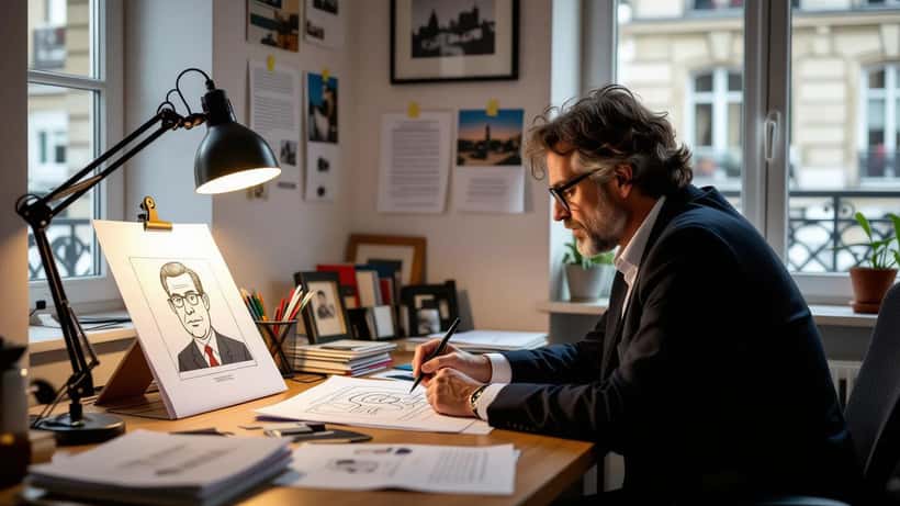 Caricaturiste dessinant une satire politique avec une mise en demeure sur le bureau, Paris