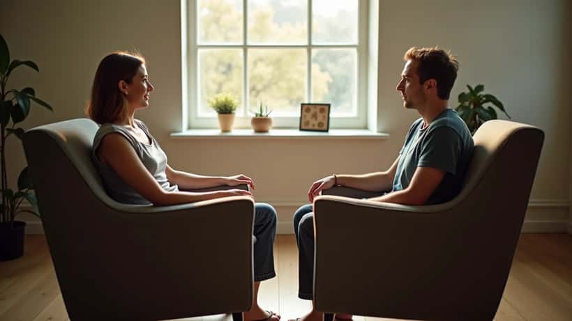 Couple sitting in separate chairs in a therapy office in Sydney with afternoon light through a window