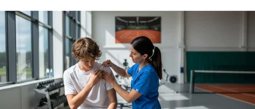 Jeune joueur de tennis français recevant une kinésithérapie sur l'épaule de la part d'un spécialiste en médecine sportive