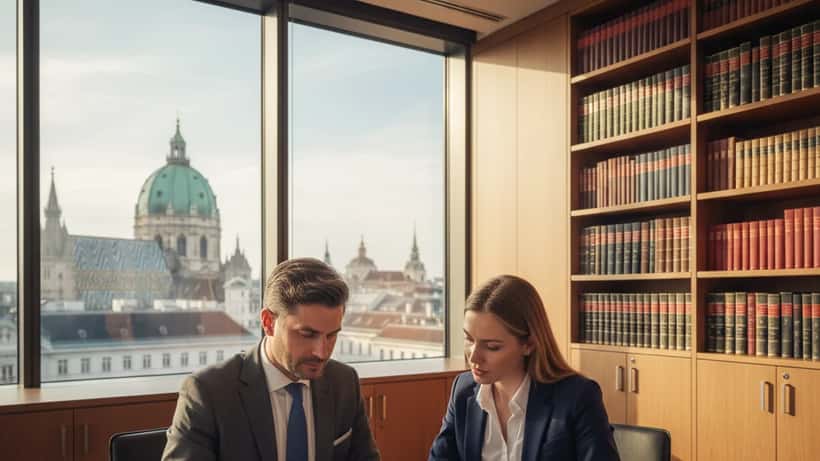 Mann und Rechtsanwältin besprechen Wehrdienstgesetz in Wiener Kanzlei
