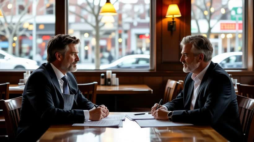Kock och advokat diskuterar juridiska kontrakt i ett tomt restaurangrum i Malmö