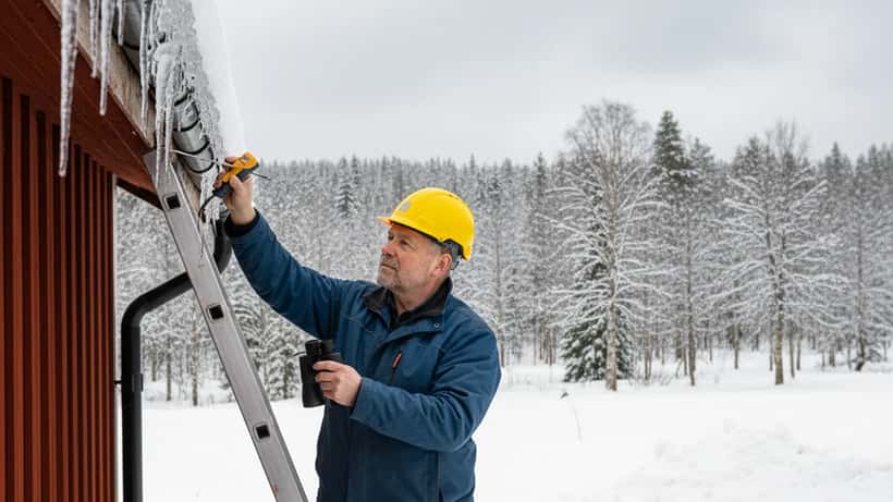 Swedish craftsman inspecting snow-damaged gutters on red wooden house in winter landscape