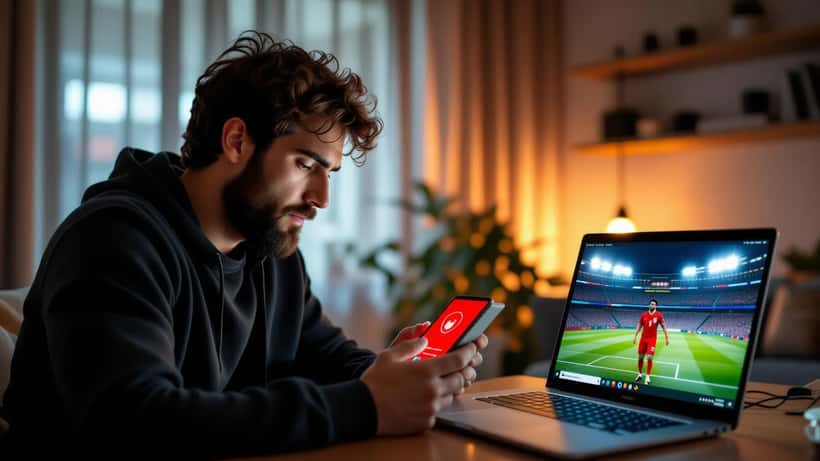 Homem em apartamento escuro verificando alerta de segurança no smartphone enquanto jogo de futebol passa no laptop ao fundo