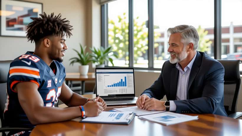 Young college football player reviewing NIL contract and tax documents with a financial advisor in a South Bend office