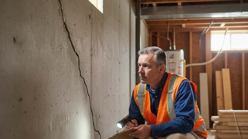 Inspecteur en bâtiment examine des fissures de fondation après séisme en Alberta
