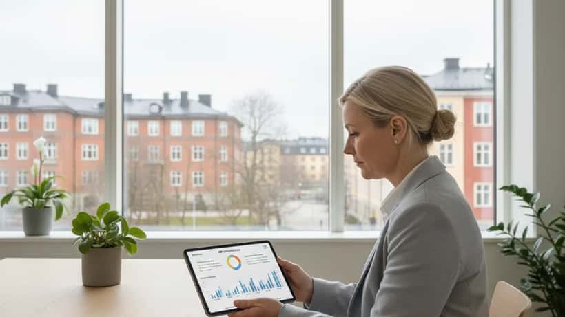 Svensk finansiell rådgivare granskar AP-fondernas pensionsdata på surfplatta i Stockholmskontor