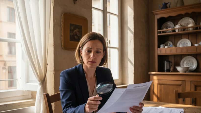 Femme consultant ses documents d'assurance habitation à la table de cuisine