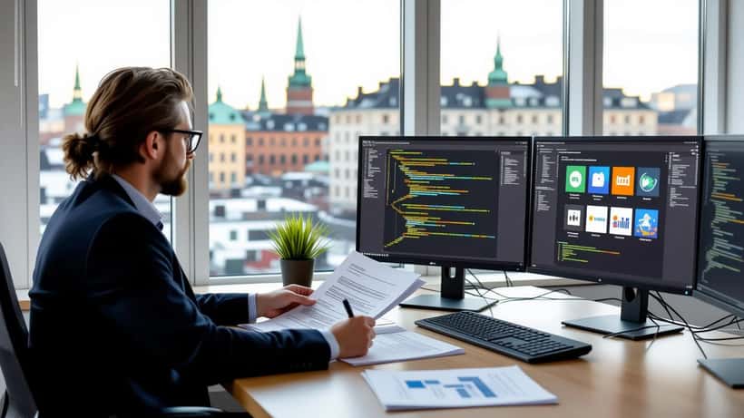 Laptop med streaming-varning och juridiska dokument på bord i Stockholm