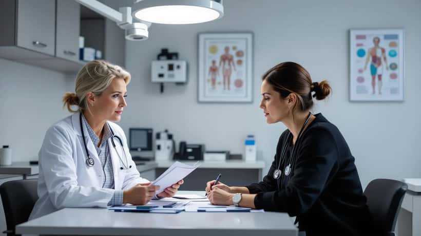 Arzt und Patientin im Gespräch über unerklärliche Symptome in einer deutschen Arztpraxis