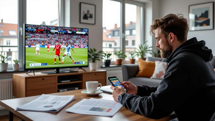 Dansk mand tjekker Premier League sportsbetting-odds på smartphone med fodboldkamp på TV i baggrunden