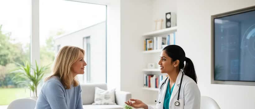 British woman in her 50s consulting a female doctor about menopause treatment in a modern medical office