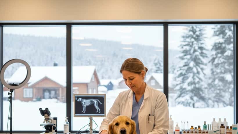 Norsk veterinær undersøker en golden retriever på en klinikk i Oslo, inspirert av David Attenboroughs budskap om dyrevelferd