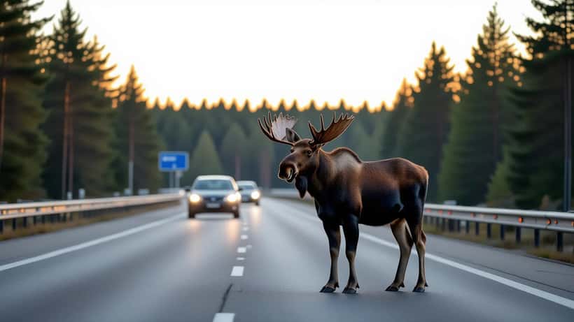 Älg på motorväg E18 i Sverige vid gryning med bilar i bakgrunden