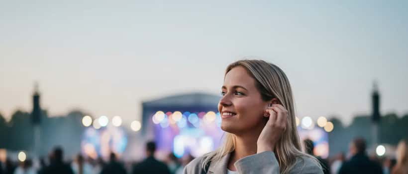 Nederlandse vrouw geniet van concert met beschermende muziekoordopjes, zachte concertverlichting op de achtergrond