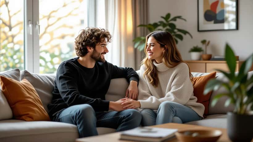 Young couple having an honest conversation on a modern sofa