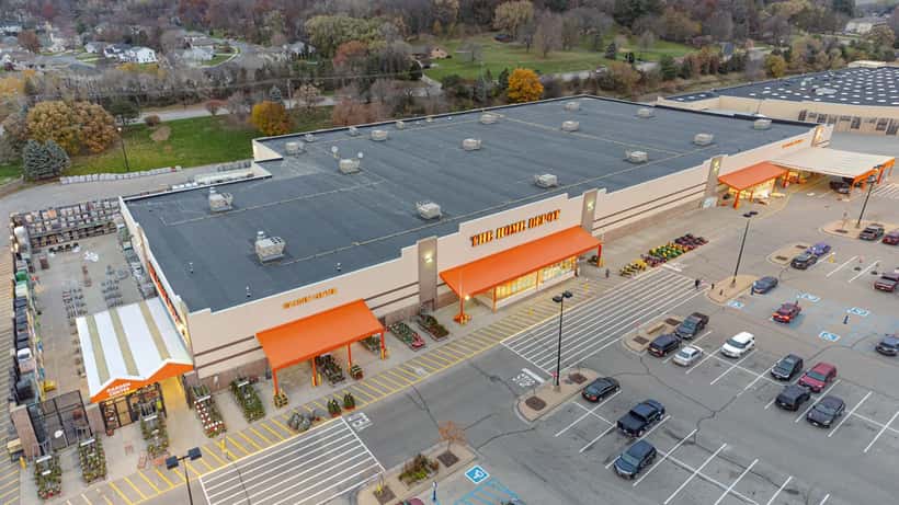Aerial view of a Home Depot store and parking lot