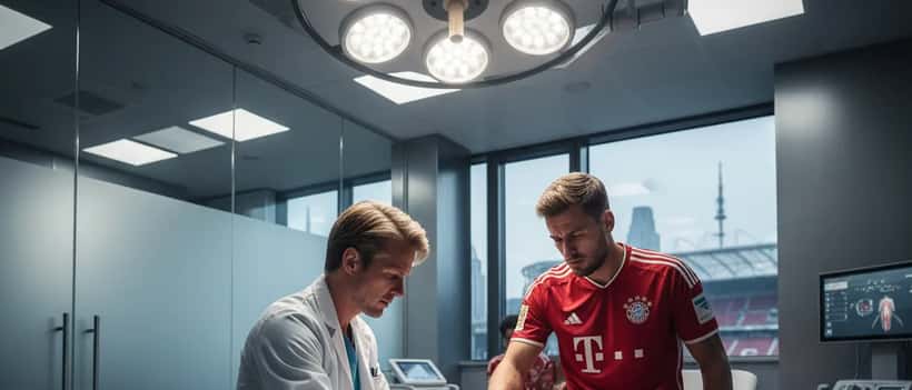 Sportmediziner untersucht Knöchel eines Fußballspielers in einer deutschen Sportklinik