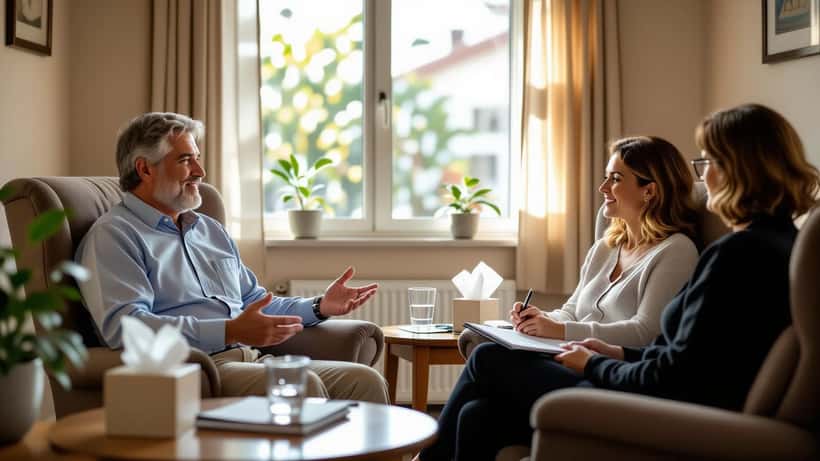 Homem em sessão de terapia conversando com uma psicóloga que faz anotações