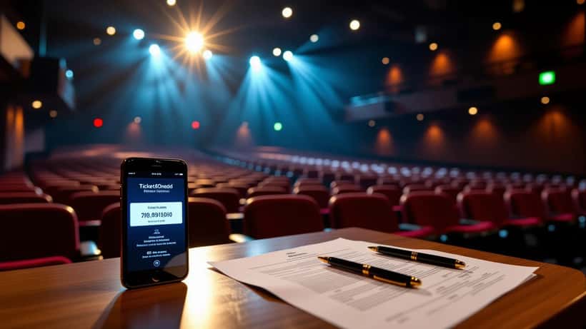 Biglietto digitale TicketOne su smartphone in una sala concerti vuota, simbolo del diritto al rimborso