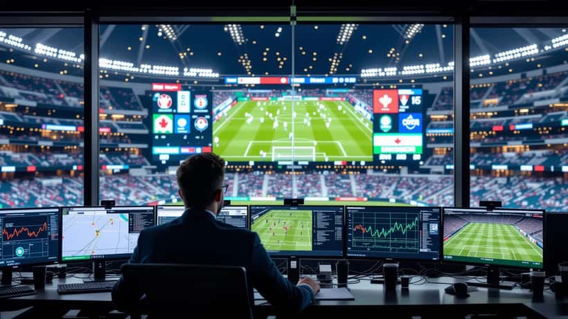 Data analyst in stadium analytics booth monitoring real-time GPS player tracking screens during Canada vs Morocco WC2026 match at NRG Stadium Houston
