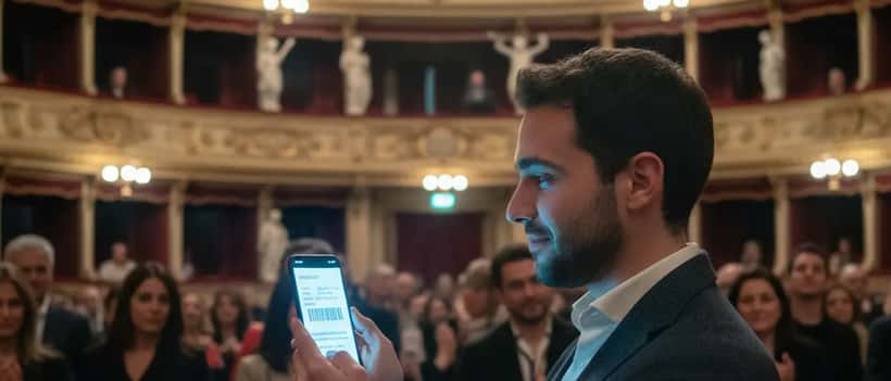 Persona che controlla un biglietto da concerto su smartphone in teatro