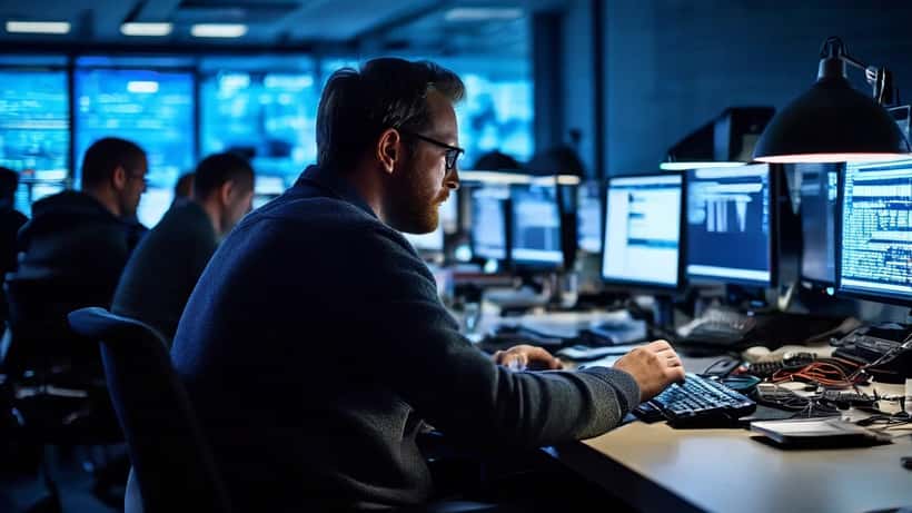 IT-beveiligingsspecialist analyseert een databreuk op een laptop in een Amsterdams kantoor