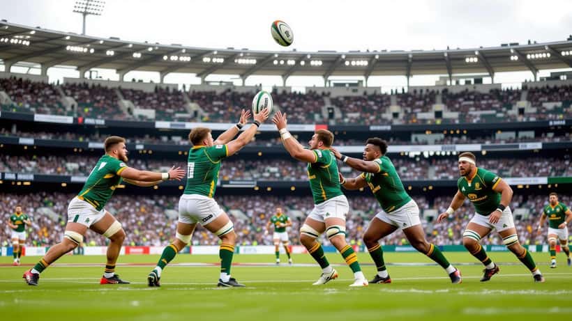 Rugby players contesting a lineout under floodlights at a packed stadium in Perth during a Nations Championship Test.