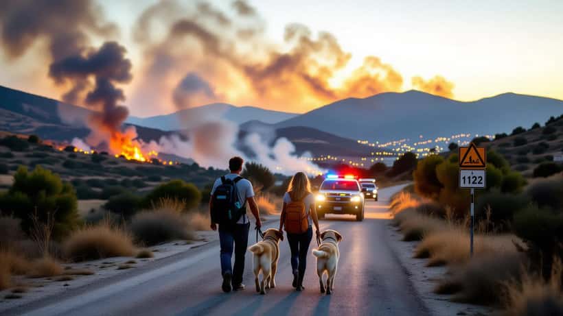 Hund holdes av eier under evakuering fra skogbrann på Kreta