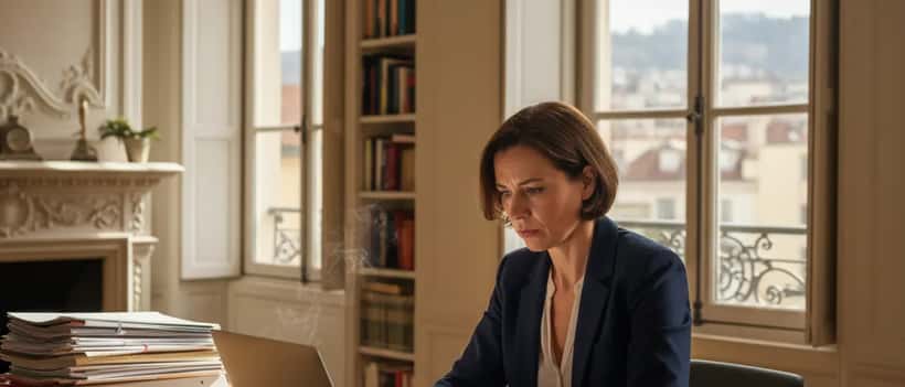 Femme française consultant ses relevés bancaires sur un ordinateur portable dans son bureau à domicile à Lyon