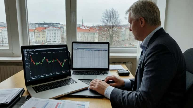 Suomalainen sijoittaja tutkii pörssikursseja kotitoimistossaan Helsingissä