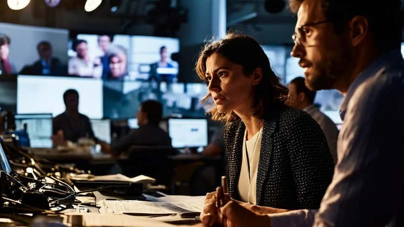 Apresentadora em estúdio de televisão durante discussão em direto, ilustrando violência no local de trabalho