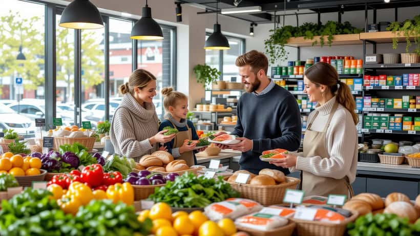 Svensk familj handlar färska grönsaker och hållbara livsmedel på Ica 2026