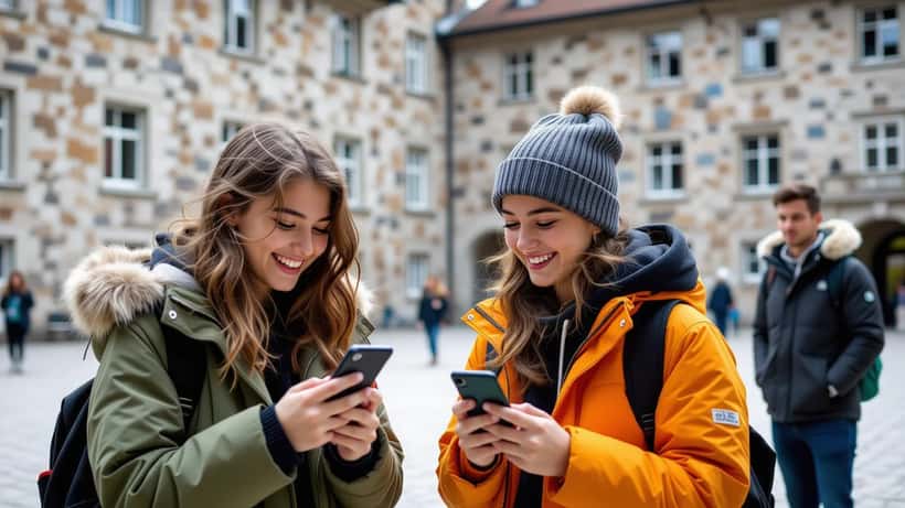 Deux adolescents suisses regardant un smartphone dans une cour d'école, représentant le fossé linguistique entre les générations et le Jugendwort 2026