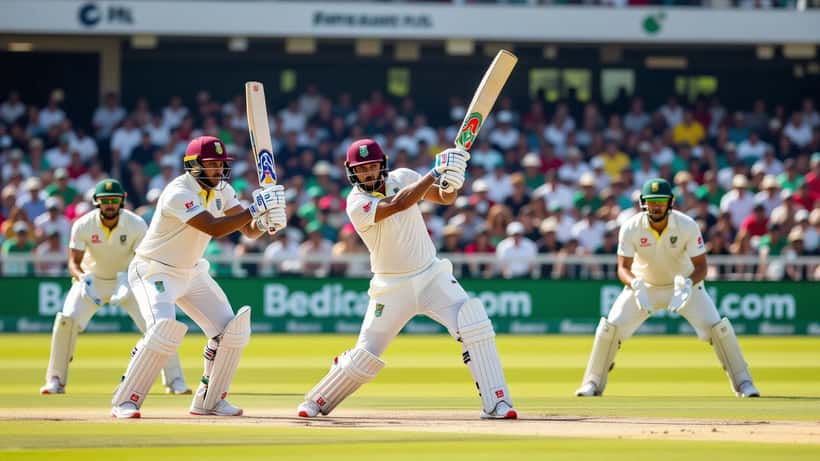 Joueurs de cricket lors du match international WI vs NZ 2026 sur un terrain ensoleillé