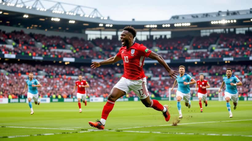 Fodboldangriber fejrer mål i Premier League-stadion under floodlights
