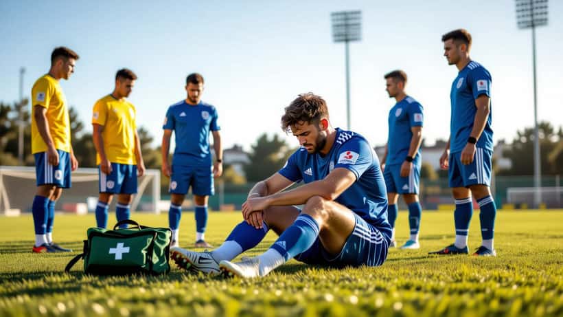 Jogador de futebol amador a segurar o joelho lesionado em campo municipal de Lisboa