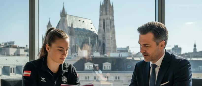 Junger Sportler und Sportrechtsanwalt besprechen Nationalitätswechsel-Dokumente in Wien