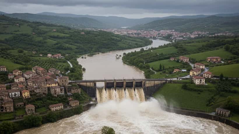 Diga del Liscione in Molise che scarica acqua nel fiume Biferno durante l'emergenza
