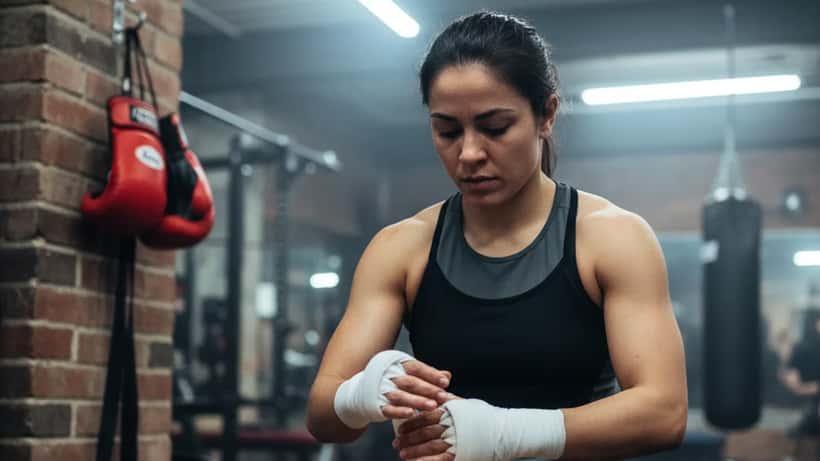 Female martial arts athlete wrapping wrists before training in a London gym