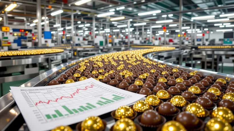 Ligne de production de chocolats en Suisse avec un journal financier montrant une courbe boursière en baisse