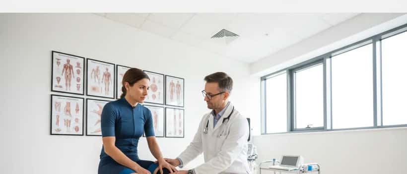 Ciclista donna in studio medico sportivo con dottore che esamina il ginocchio