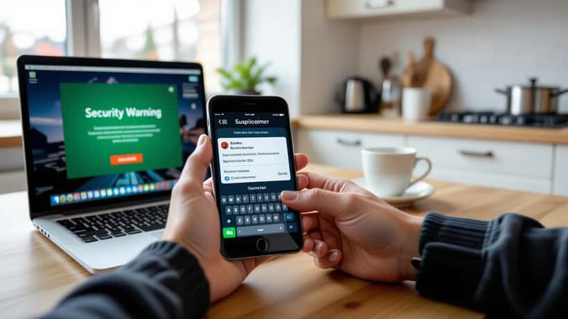 Hand som håller en mobiltelefon med ett falskt bet365-inloggningsfönster och ett varnande bluff-SMS