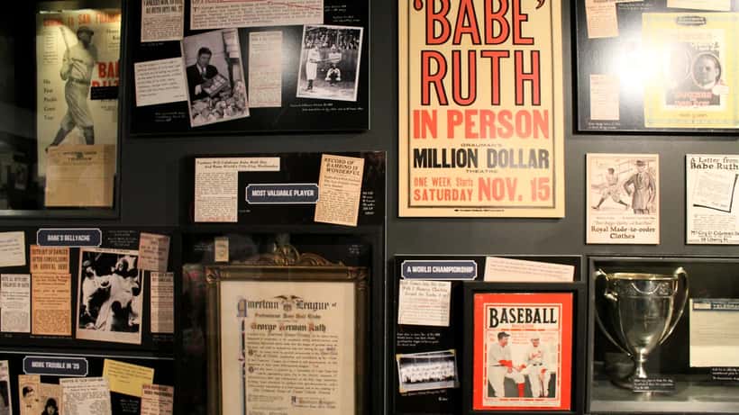 Babe Ruth memorabilia exhibit at the Baseball Hall of Fame, showcasing collectible items