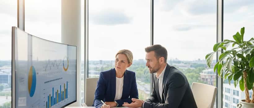 Eine deutsche Frau bespricht ihr Altersvorsorgedepot mit einem Vermögensberater im modernen Büro