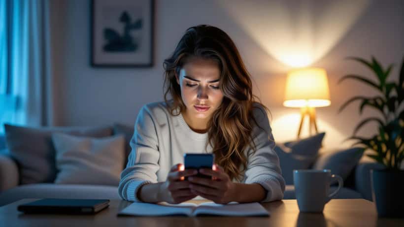 Frau schaut nachts besorgt auf ihr Smartphone – Symbol für digitale Obsession und Besessenheit