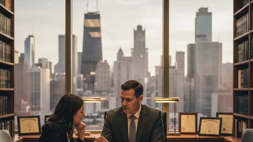American personal injury attorney reviewing case documents with client in professional Chicago law office 2026